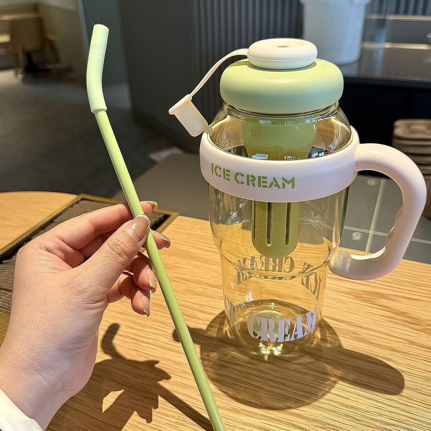 Cute Ice Cream Themed Water Bottle With Handle Straw  Fruit Infuser  Leakproof Sipper