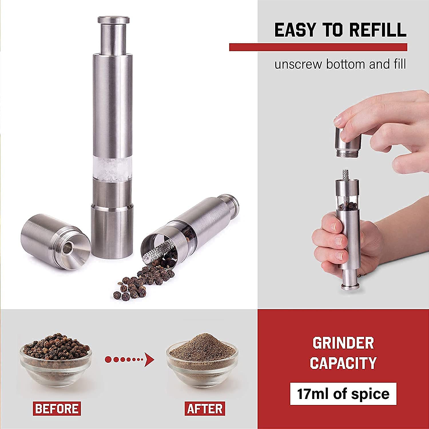 Stainless Steel Thumb Presser Salt And Pepper Grinder