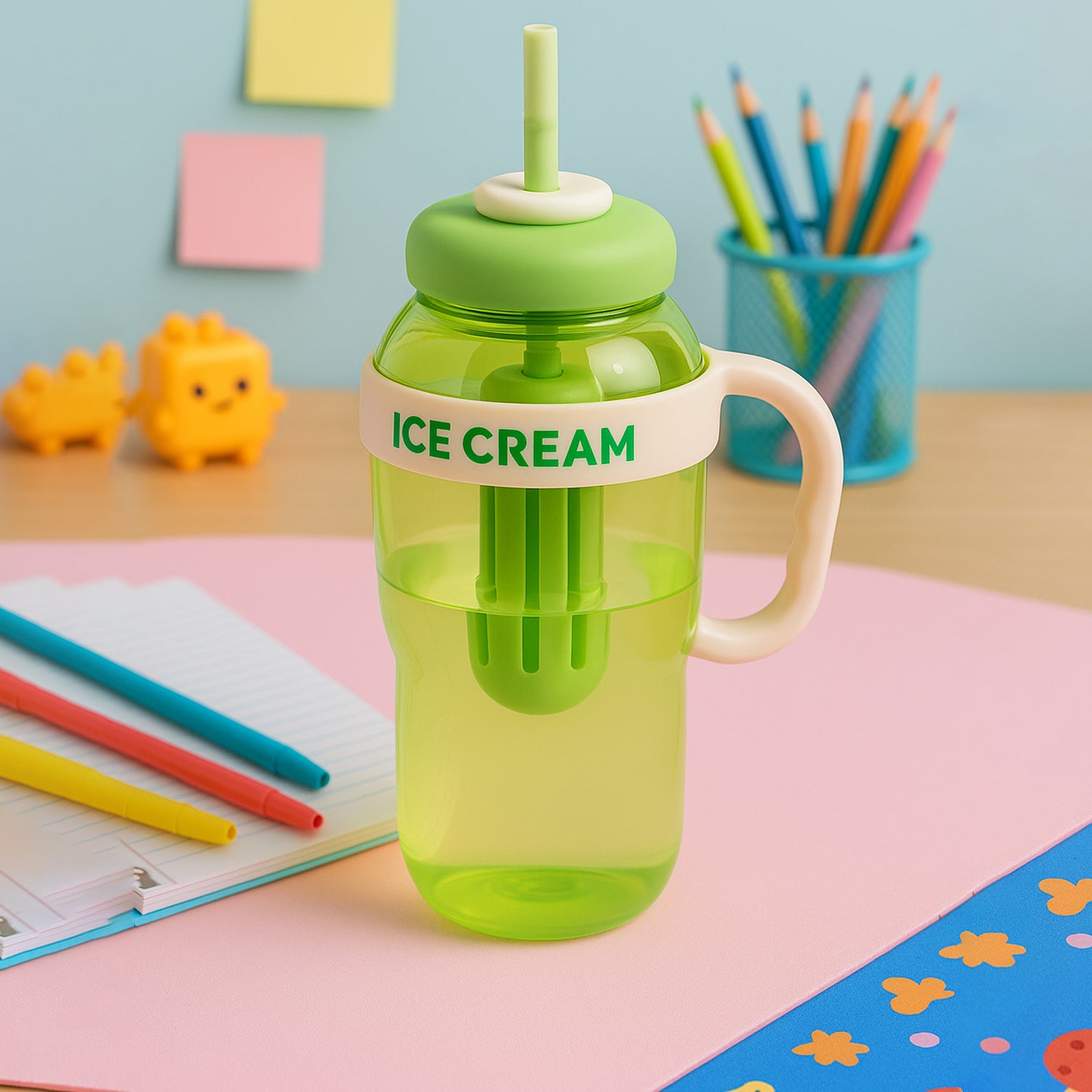 Cute Ice Cream Themed Water Bottle With Handle Straw  Fruit Infuser  Leakproof Sipper