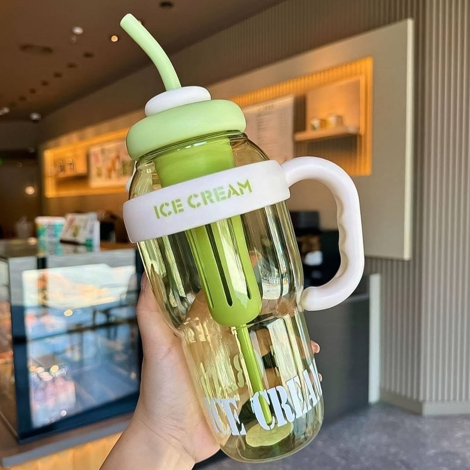 Cute Ice Cream Themed Water Bottle With Handle Straw  Fruit Infuser  Leakproof Sipper