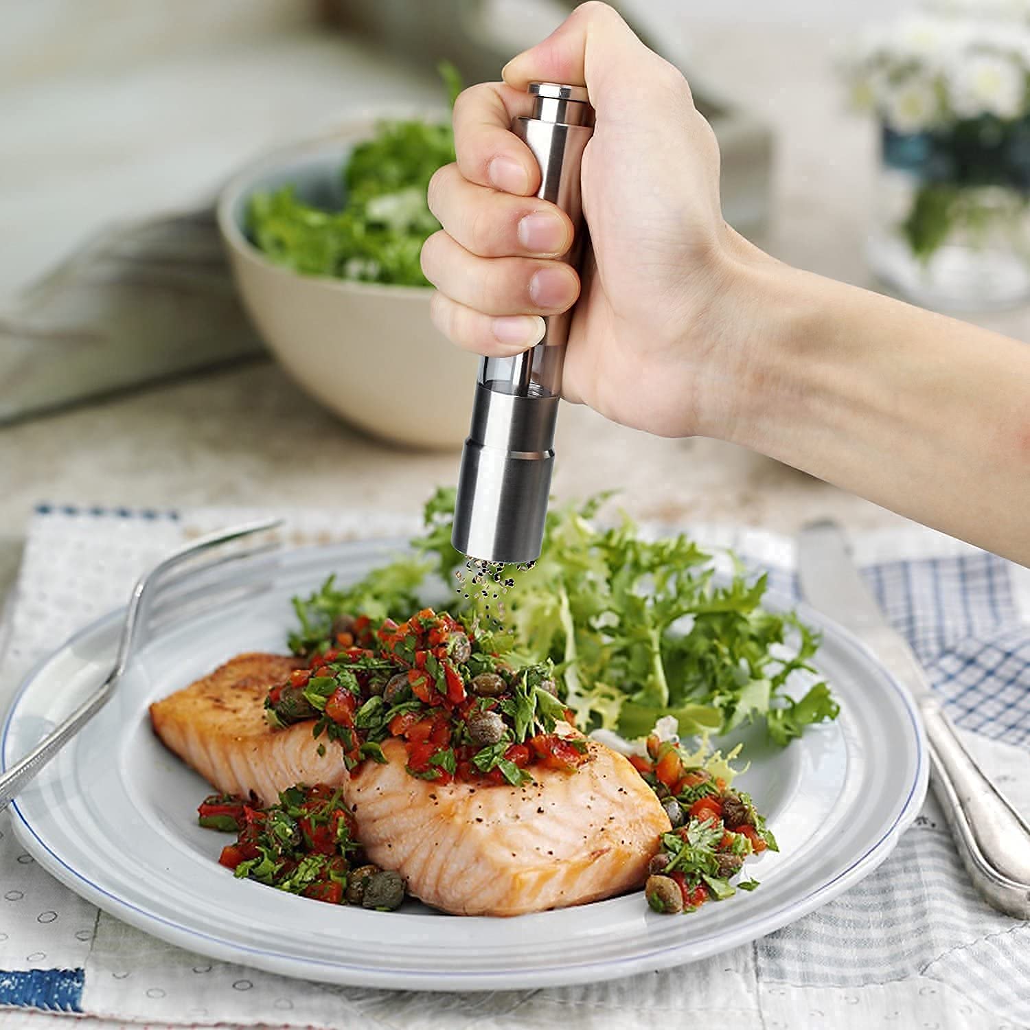 Stainless Steel Thumb Presser Salt And Pepper Grinder