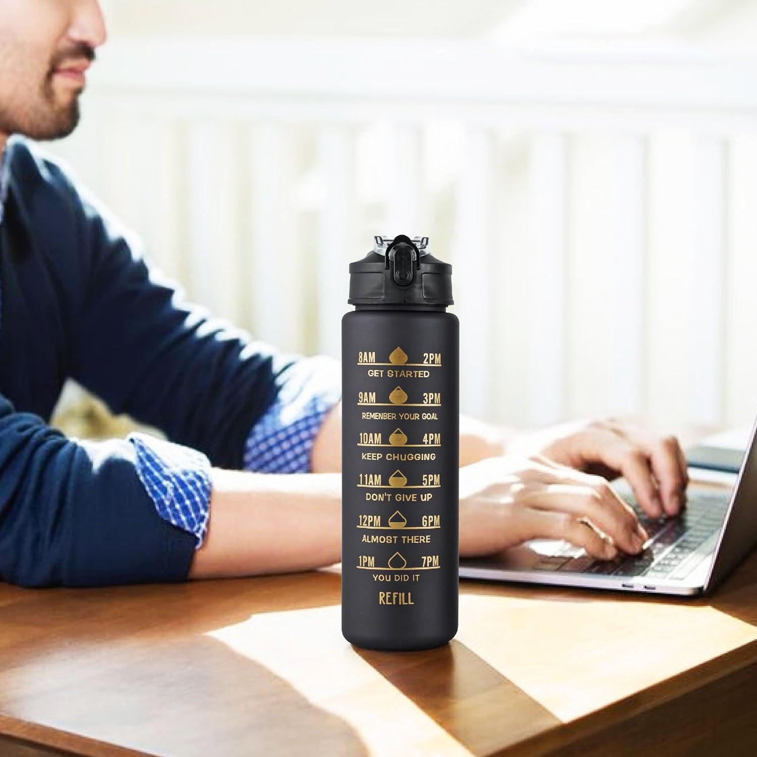 2 Pc Premium Black Motivational Water Bottle Set (900 Ml + 300 Ml)